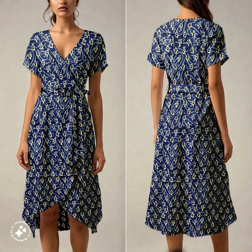 [NC10069] Northline Handblock Navy Blue Wrap Midi Dress