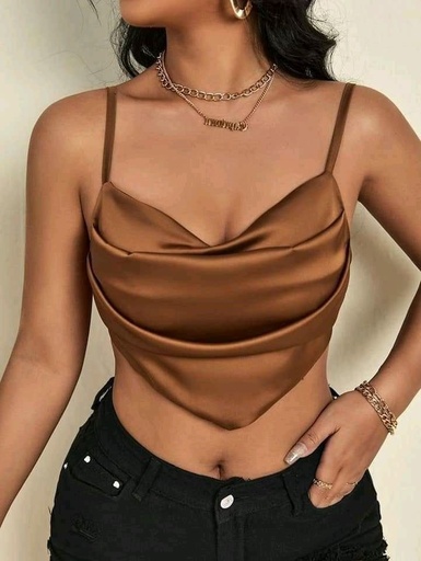 [NC10096] Bronze Satin Draped Cowl Neck Crop Top