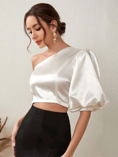 [NC100101] Ivory Satin One-Shoulder Puff Sleeve Crop Top