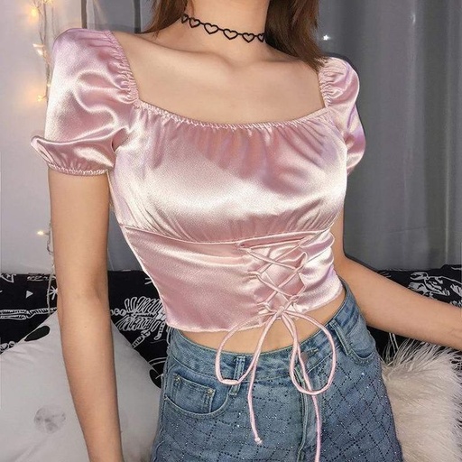 [NC100102]  Satin Corset Lace-Up Puff Sleeve Crop Top