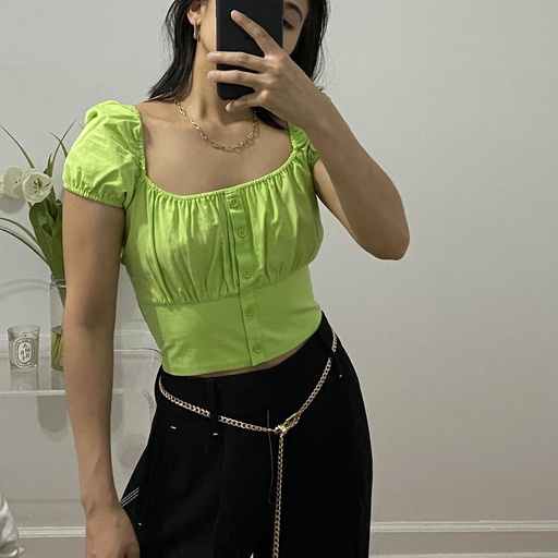 Women's Cotton Button-Up Puff Sleeve Crop Top