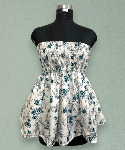 [NC00116] Northline Women's Beach White Blue Floral Shirred Strapless American Crepe Mini Dress
