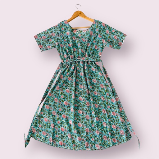 [Northline3] Northline Green Handblock Print A-Line Dress with Ajustable Strap & Loop