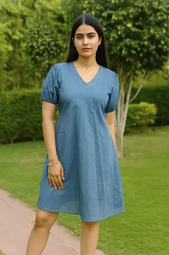 [Northline4] Northline Chambray Blue Puff Sleeve Dress, V-Neck, Puff Sleeves, Elasticated