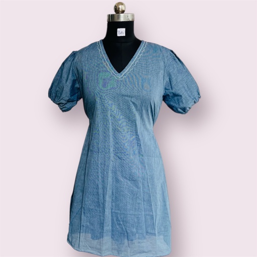 [Northline4] Northline Chambray Blue Puff Sleeve Dress, V-Neck, Puff Sleeves, Elasticated