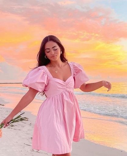 [NC103861] Northline Pink Cotton Beach Dress With Puff Sleeve & Sweetheart Neckline | Back Elastic