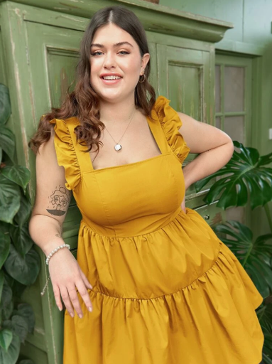 [NC85687] Northline Plus Ruffle Armhole Flounce Hem Dress Yellow