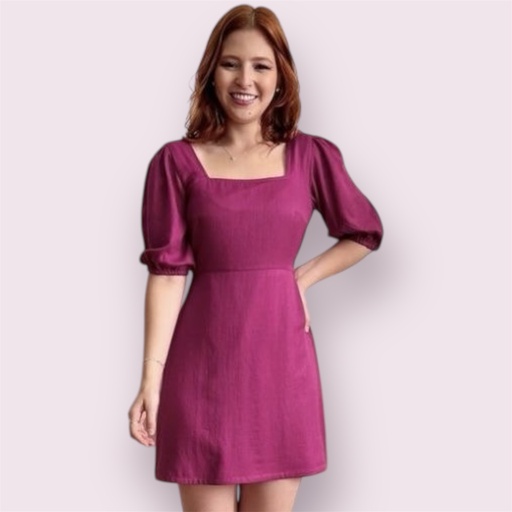 [NC48674] Northline Women's Wine Cotton Blend Puff Sleeve Back Zip & Knot Dress