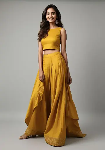 [836823] Northline Mustard Yellow Cotton Blend Co-Ord Set – Sleeveless Crop Top & Flowy Palazzo Pants