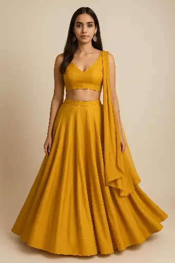 [876623] Northline Mustard Yellow Sleeveless Crop Top & Flared Skirt Set with Dupatta