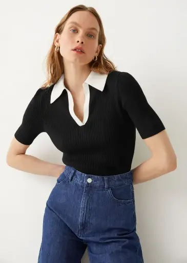 [343411] Northline Chic Black waffle Knit Polo Top – Trendy & Stylish Women's Wear