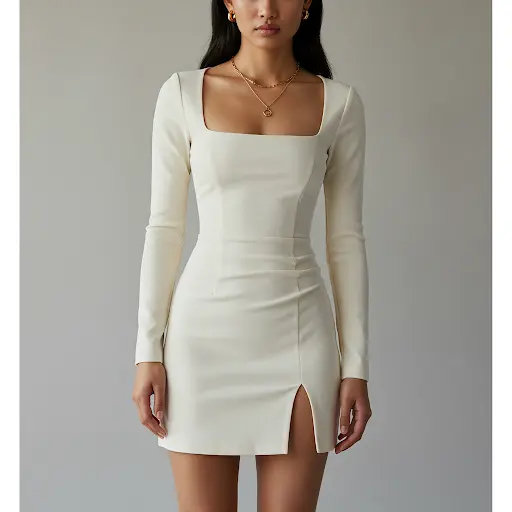 [E2-3UTA-D15S] Northline Women’s Sexy Long Sleeve Bodycon Mini Dress – Elegant Square Neck Clubwear, Slim Fit Party Outfit with Slit – Chic Evening Cocktail Dress