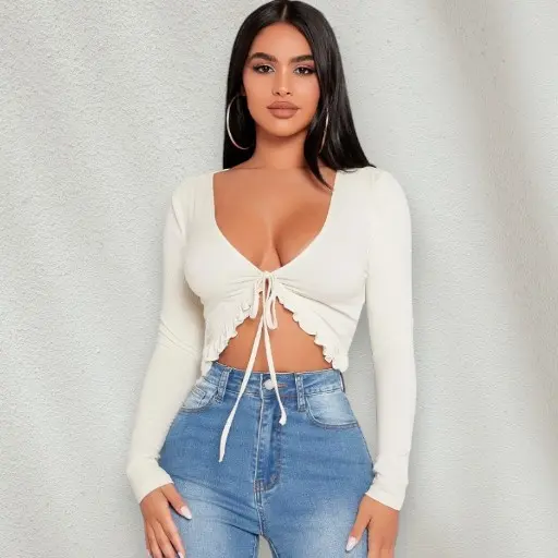 [B0F2289W4J] Northline Women's Lycra Lettuce Trim Tie-Front Crop Top | Long Sleeve V-Neck | Trendy Casual Off-White