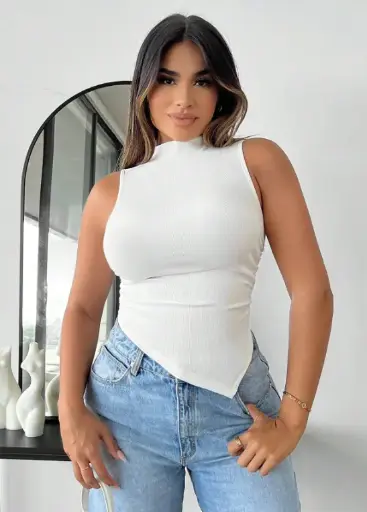 [B0F2JG7YJH] Northline Women’s Summer Mock Neck Lycra Asymmetrical Hem Crop Top – Sleeveless, Stretchy, Trendy Casual Wear