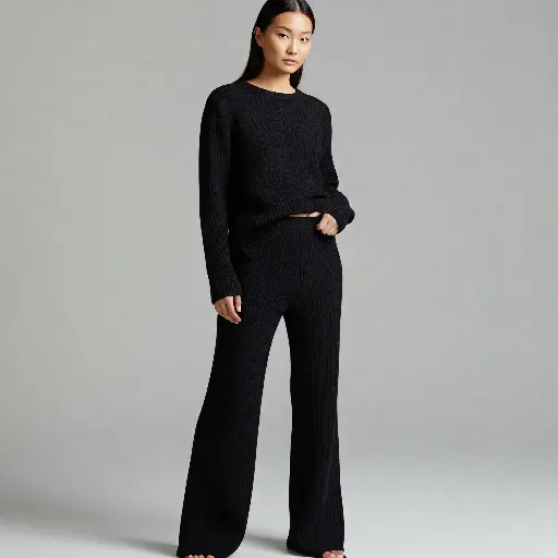 [286912] Northline Black Waffle Knit Co-ord Set | Trendy Loungewear | Stylish & Comfortable Two-Piece Outfit 