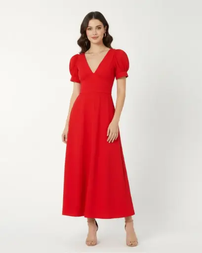 Northline Women's Elegant Puff Sleeve V-Neck Midi Dress | Flowy Fit & Flare Dress for Women