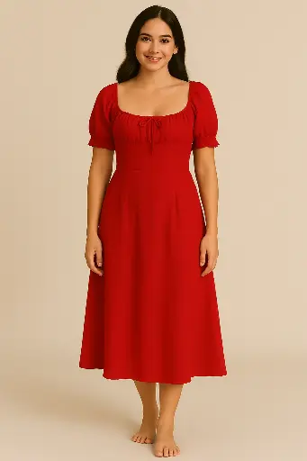 Northline Women's Trendy K-Drama Inspired Square Neck Puff Sleeve Midi Dress – Soft & Elegant