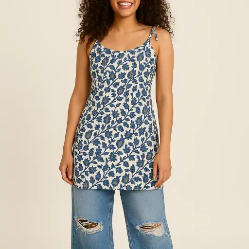 [0938097] Blue Floral Rayon Cotton Short Kurti – Breezy & Elegant Everyday Wear