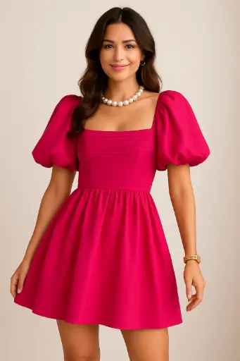 [3674582] Hot Pink Puff Sleeve Mini Dress for Women – Square Neck Fit and Flare Party Dress