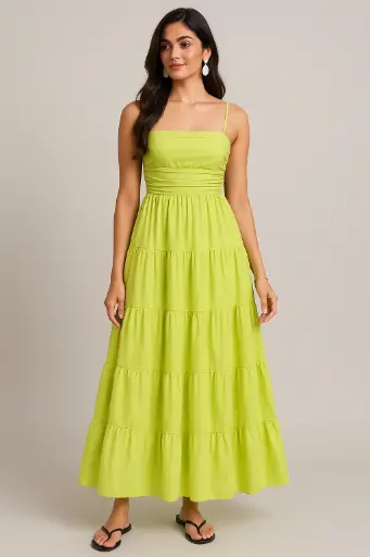 [3462535] Lime Green Tiered Maxi Dress for Women – Spaghetti Strap Summer Dress with Smocked Waist