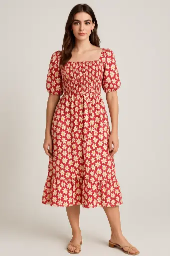 [348623] Pink Ditsy Floral Shirred Ruffle Crepe Midi Dress