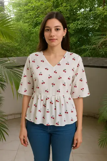 [77306419] Northline White Red Cherry Ruffle Top for Women – Lightweight Cotton Peplum Blouse with 3/4 Sleeves