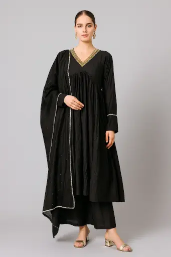 [7342510] Northline Women's Black Noor Anarkali with Dupatta