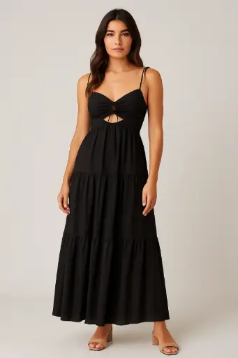 [GD74687] Northline Black Spaghetti Strap Maxi Dress with Front Cut-Out & Lace-Up Back – Tiered Summer Beach & Party Wear for Women