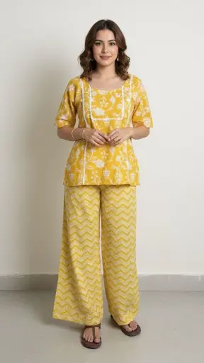 [6298E6GU] Northline Yellow Printed Cotton Co-ord Set for Women – Casual Summer Wear Kurta & Wide-Leg Pants