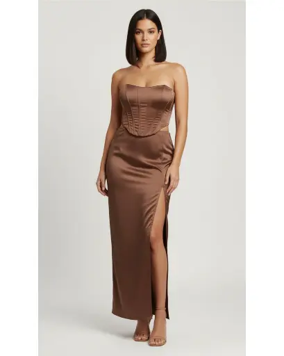 [U71991] Northline Brown Satin Corset Top and Skirt Set for Women
